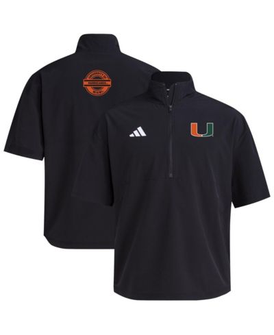 Мужская тренировочная куртка Adidas Miami Hurricanes 2024, черная, с молнией на 1/2 и коротким рукавом