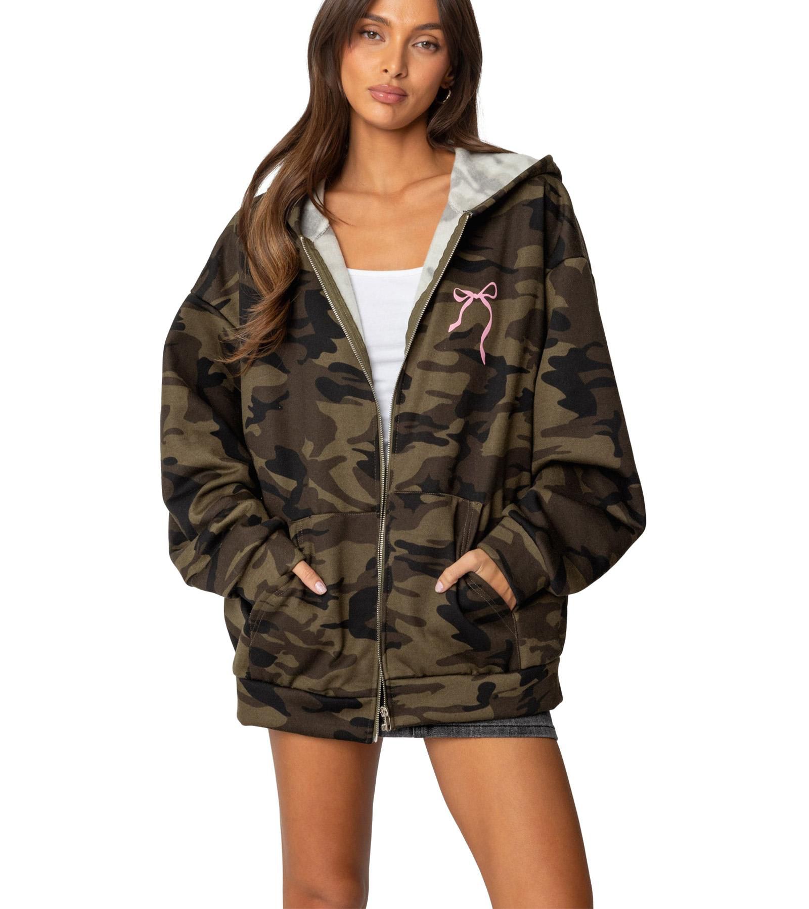 Edikted Womens Camo Oversized Bow Detail Hoodie