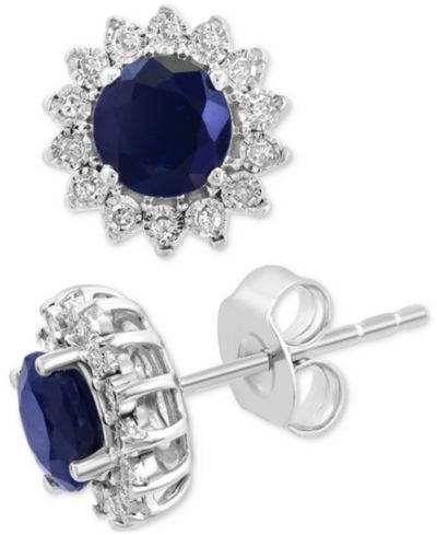 Серьги-гвоздики EFFY® Sapphire (1-1/6 ct. t.w.) & Diamond (1/6 ct. t.w.) Halo в 14k White Gold или Two Tone Gold