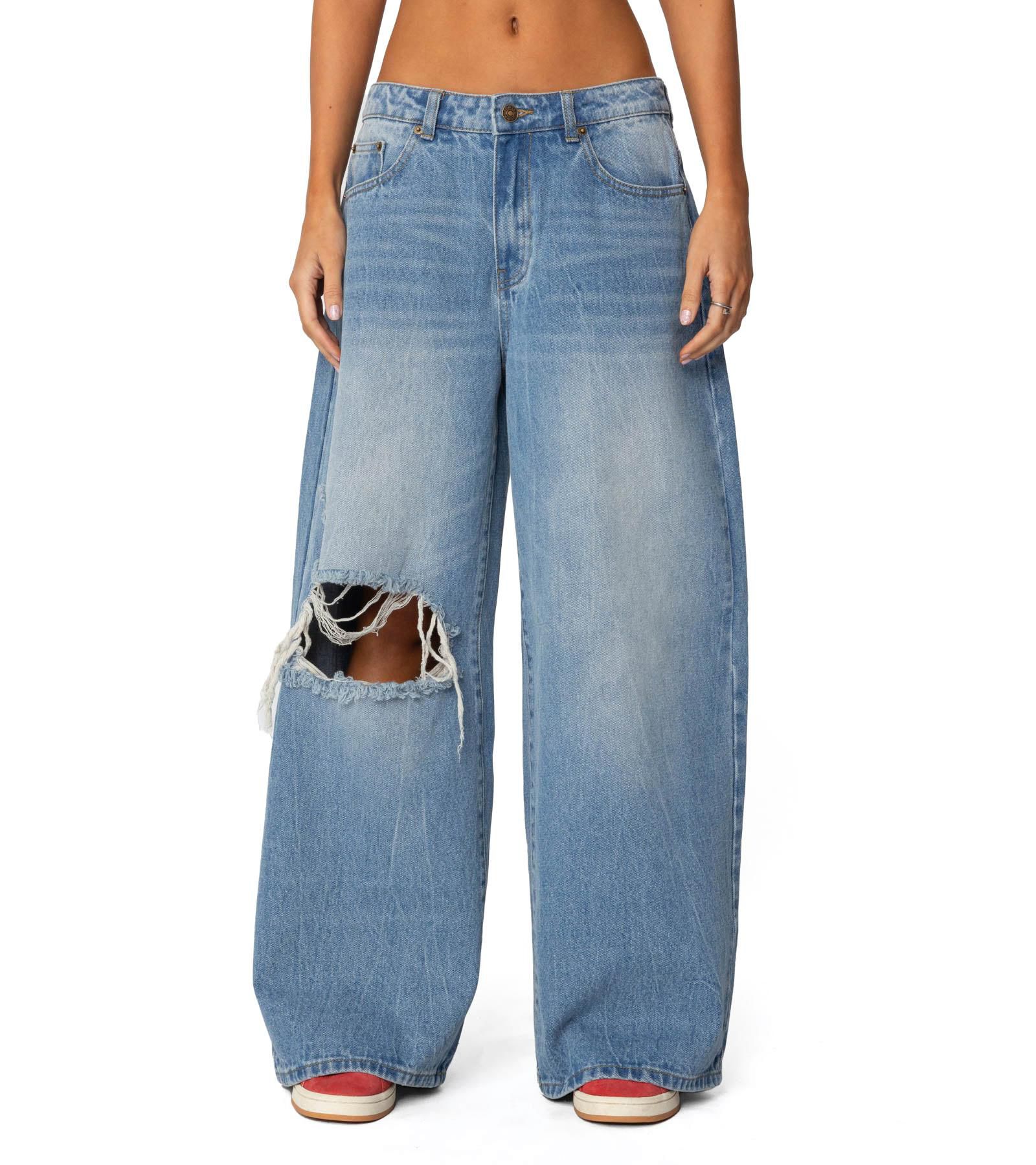 Edikted Women's Distressed Low Rise Baggy Jeans