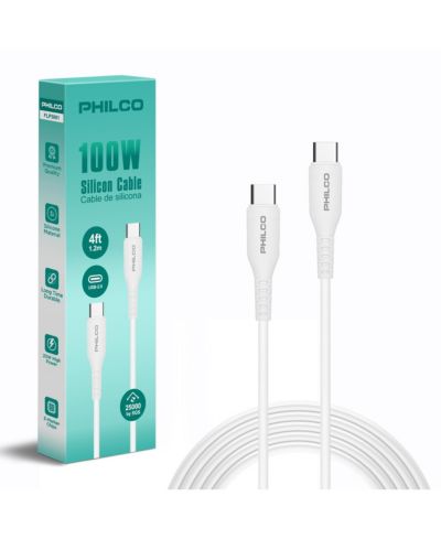 Philco 100W Fast-Charging Silicone USB-C to USB-C Cable, Compatible with USB-C Devices
