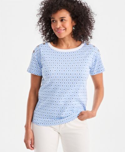 Style & Co Petite Cotton Button-Shoulder Tee, Exclusively at Macy's
