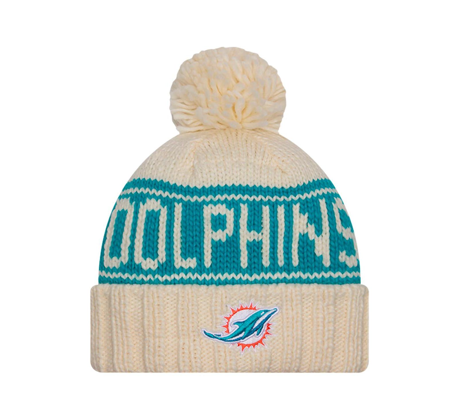 New Era Женская вязаная шапка Miami Dolphins 2024 Sideline с помпоном, Cream