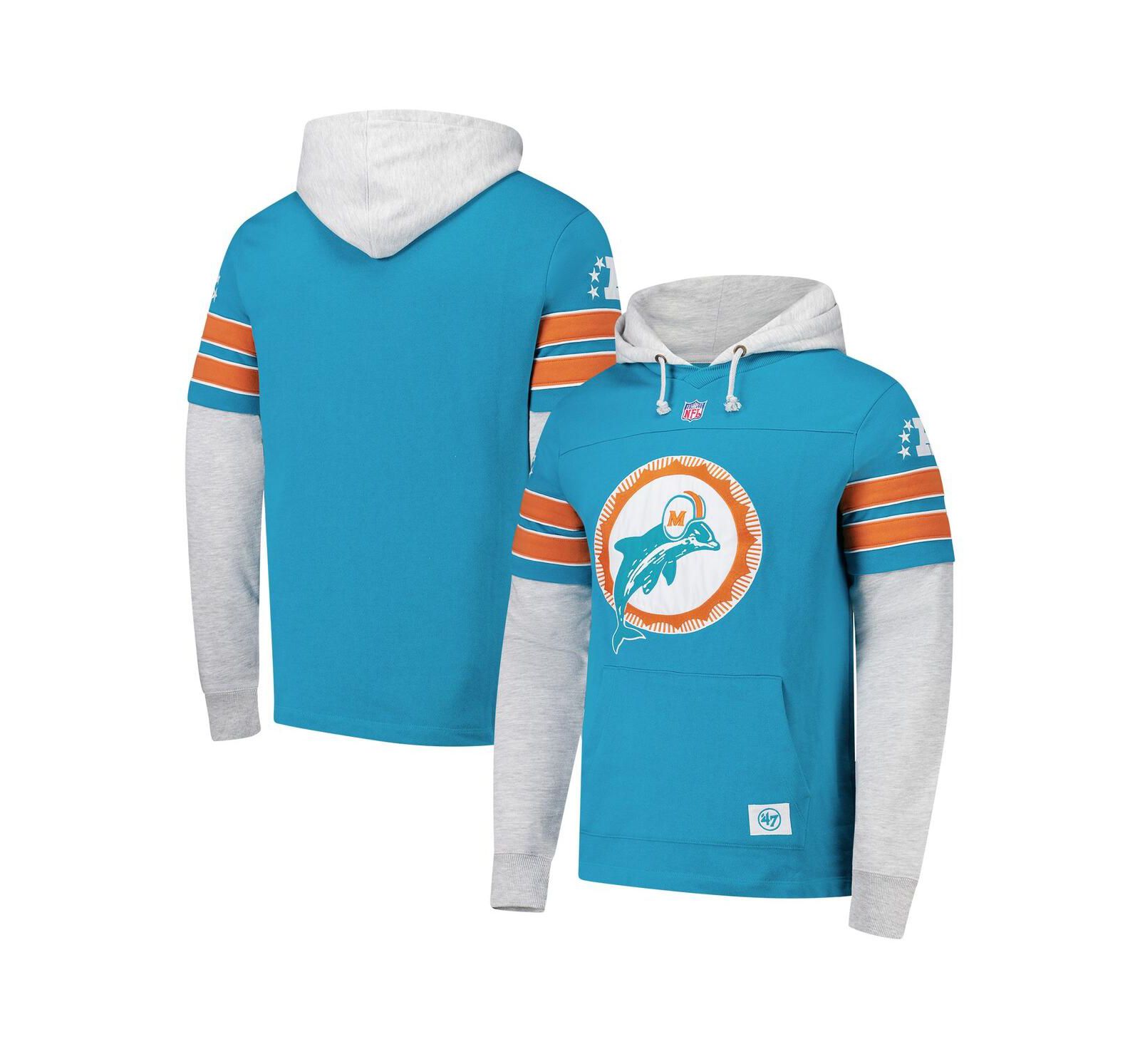 '47 Men's Aqua Miami Dolphins Throwback Double Header Blitz Cornerback Pullover Hoodie