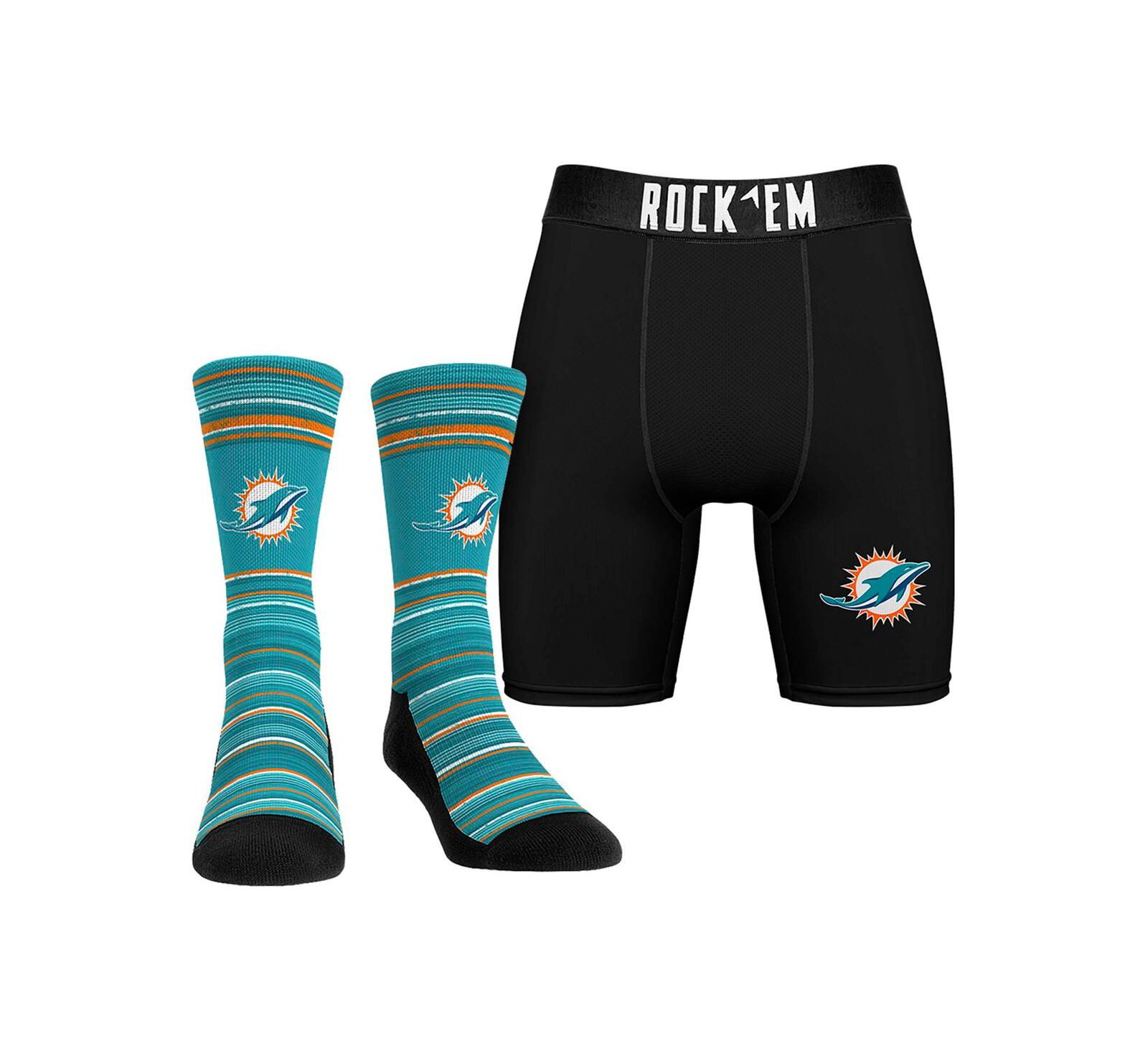 Rock 'Em Men's Miami Dolphins Primary Crew Socks Boxer Briefs Combo Pack