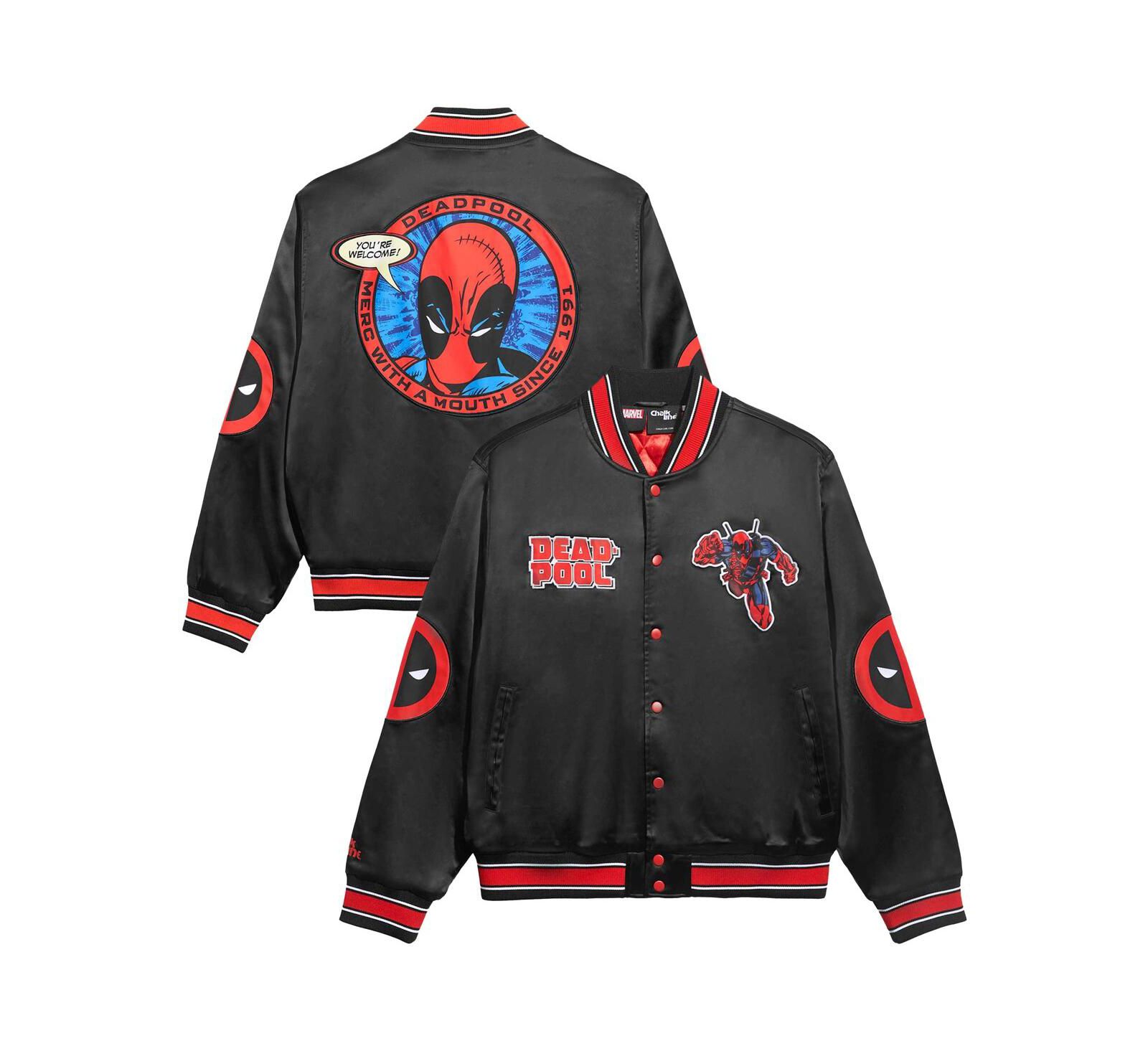 Chalk Line Men's Black/Red Deadpool Fanimation Satin Full-Snap Jacket