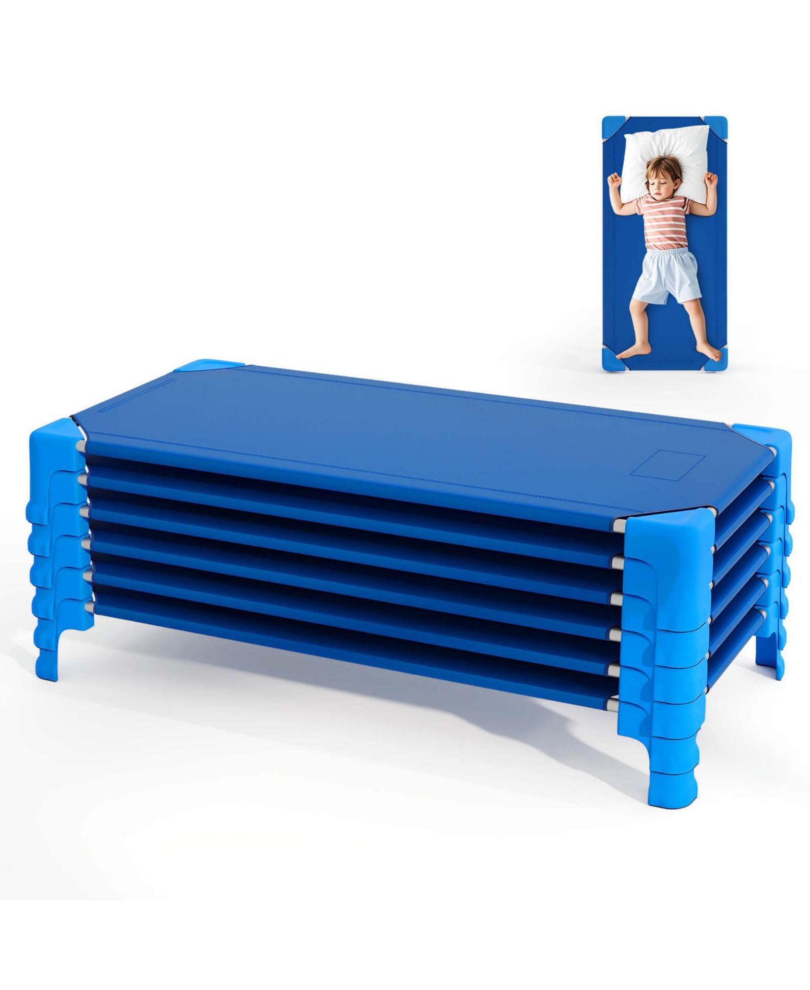 6 Pack Stackable Daycare Cots with Easy Lift Corners Heavy-Duty Metal