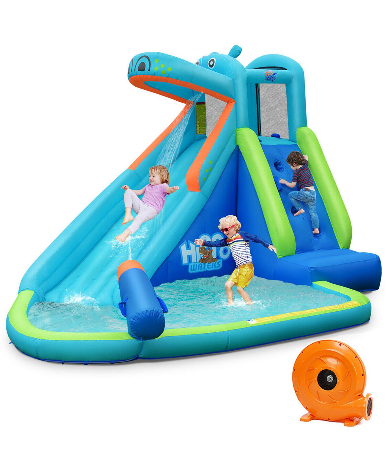Costway надувной игровой комплекс Hippo Bounce House со слайдом и бассейном для детей