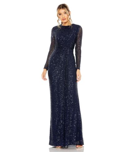 Mac Duggal Women's Sequin Long Sleeve High Neck Column Gown