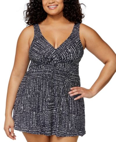 Island Escape Plus Size Magnolia Twist-Front Underwire Swim Dress, Exclusively at Macys