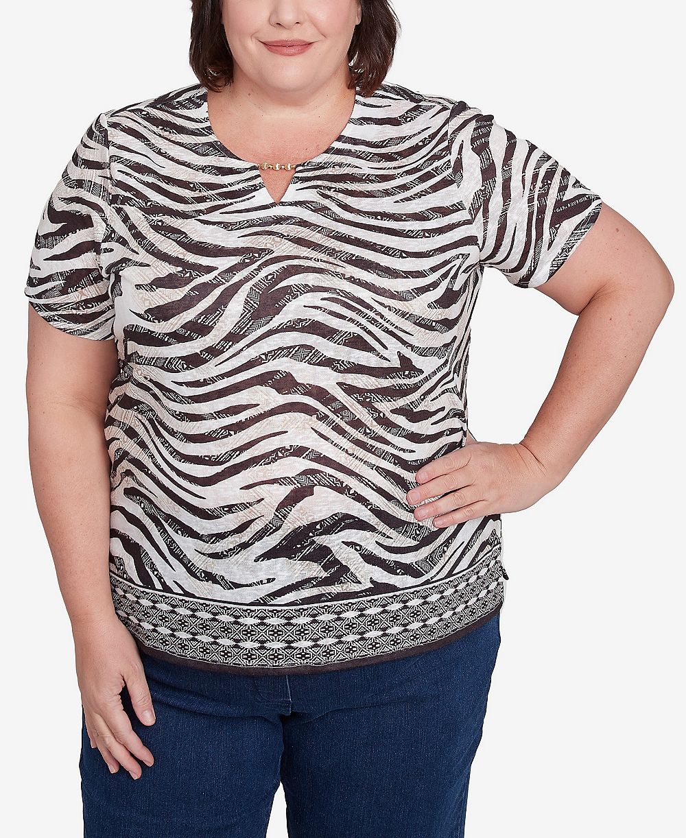 Alfred Dunner Plus Size Beaded Split Neck Animal Print Top