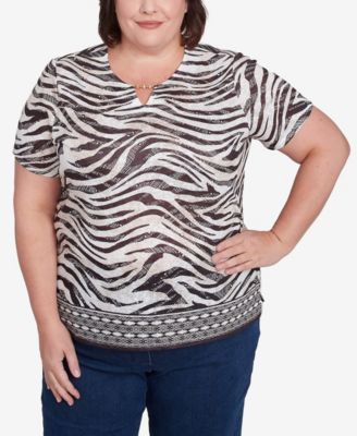 Alfred Dunner Plus Size Beaded Split Neck Animal Print Top