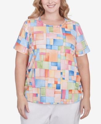 Alfred Dunner Plus Size Color Block Tile Top with Side Ruching