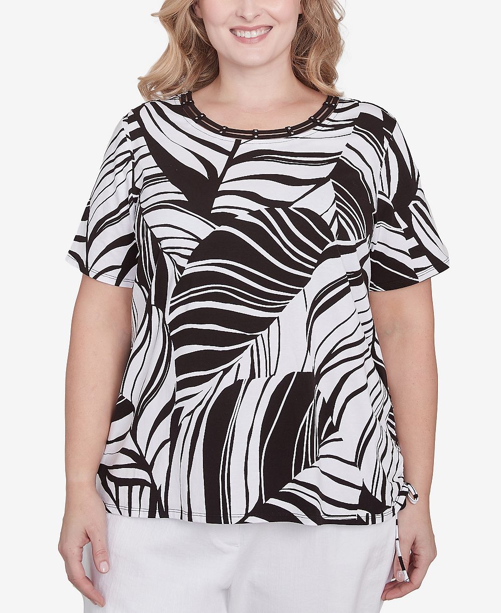 Alfred Dunner Plus Size Twisted Leaves Side Tie Top