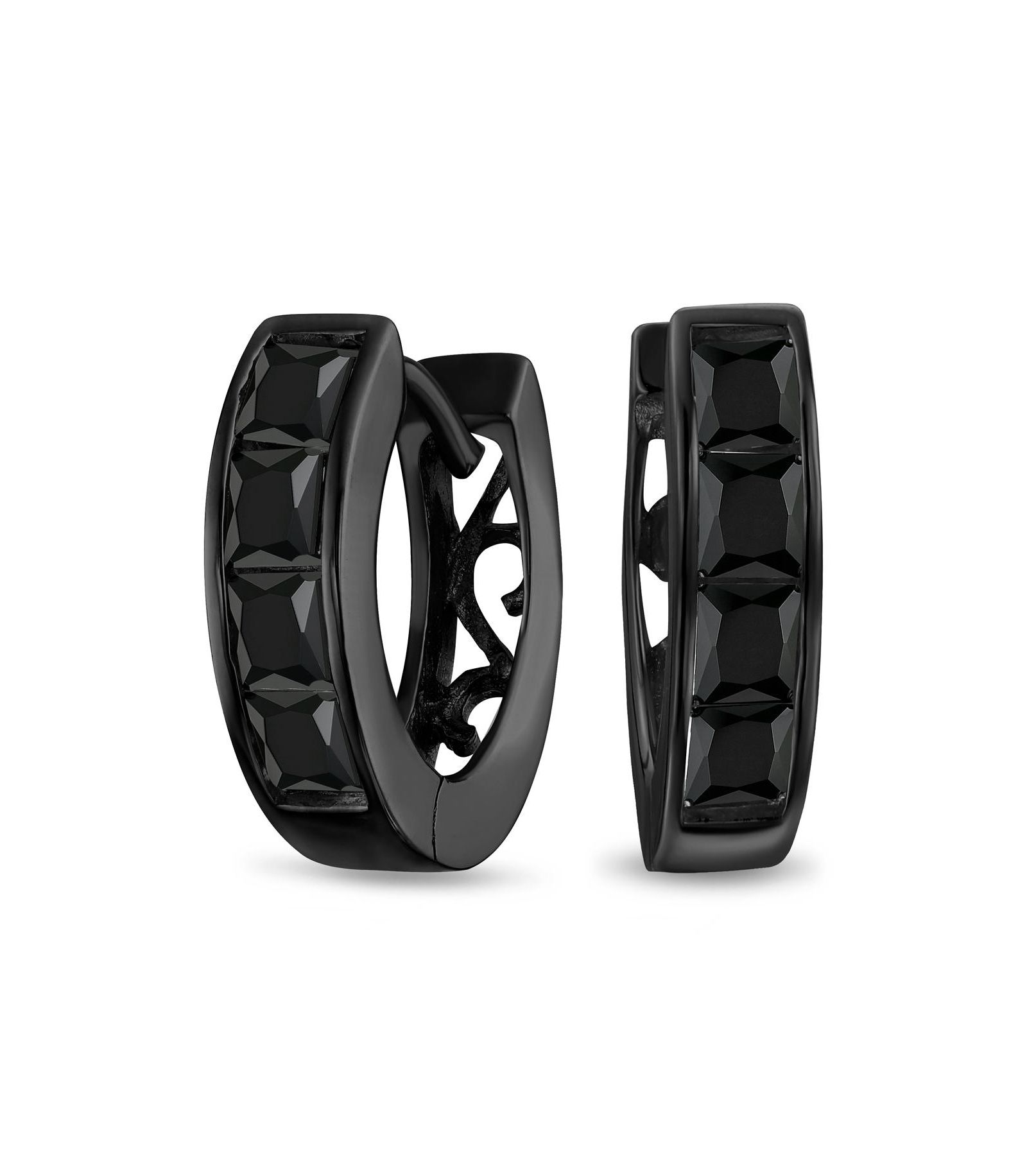 Серьги Bling Jewelry Black Onyx CZ Mini Hoop Huggie Silver Plated Sterling Silver