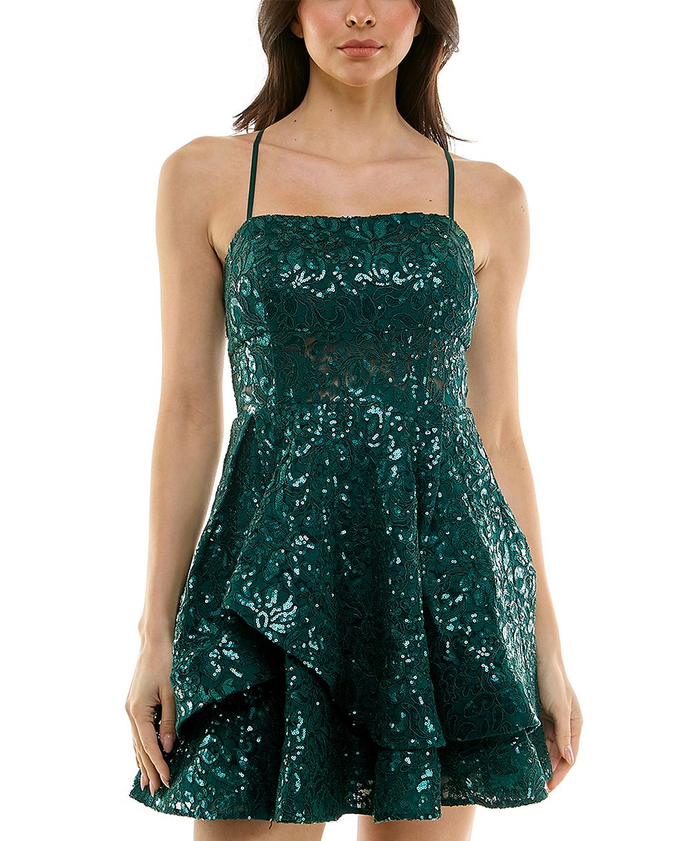 KATIA RAE Juniors' Sequined Lace Spaghetti Strap Square-Neck Dress
