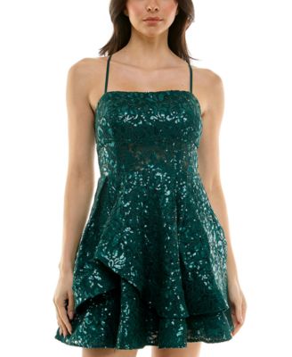 KATIA RAE Juniors' Sequined Lace Spaghetti Strap Square-Neck Dress