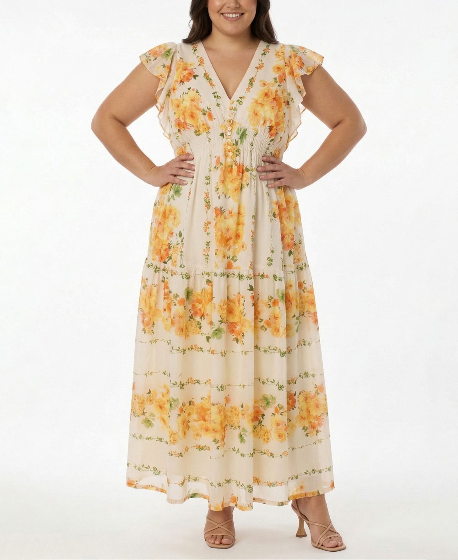 Taylor Plus Size Floral-Print Flutter-Sleeve Maxi Dress