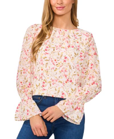 CeCe Женская Printed Long-Sleeve Smocked-Cuff Blouse