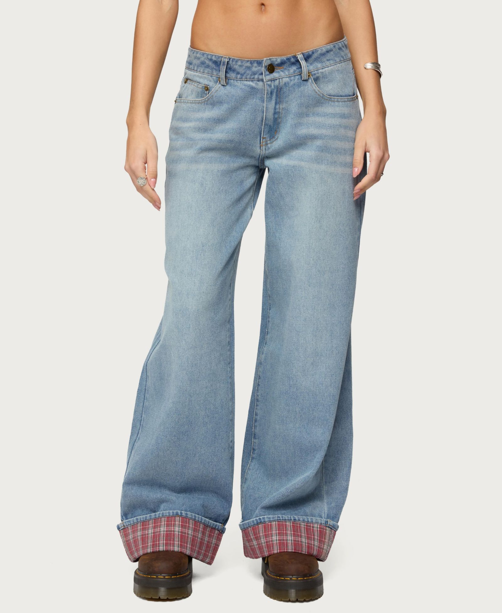 Edikted Women's Plaid Cuffed Low Rise Baggy Jeans