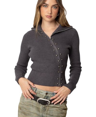 Edikted Womens Ribbed Asymmetric Zip Up Cardigan