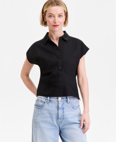 I.N.C. International Concepts Women's Short Sleeve Linen-Blend Wrap Blouse, Exclusively at Macy's