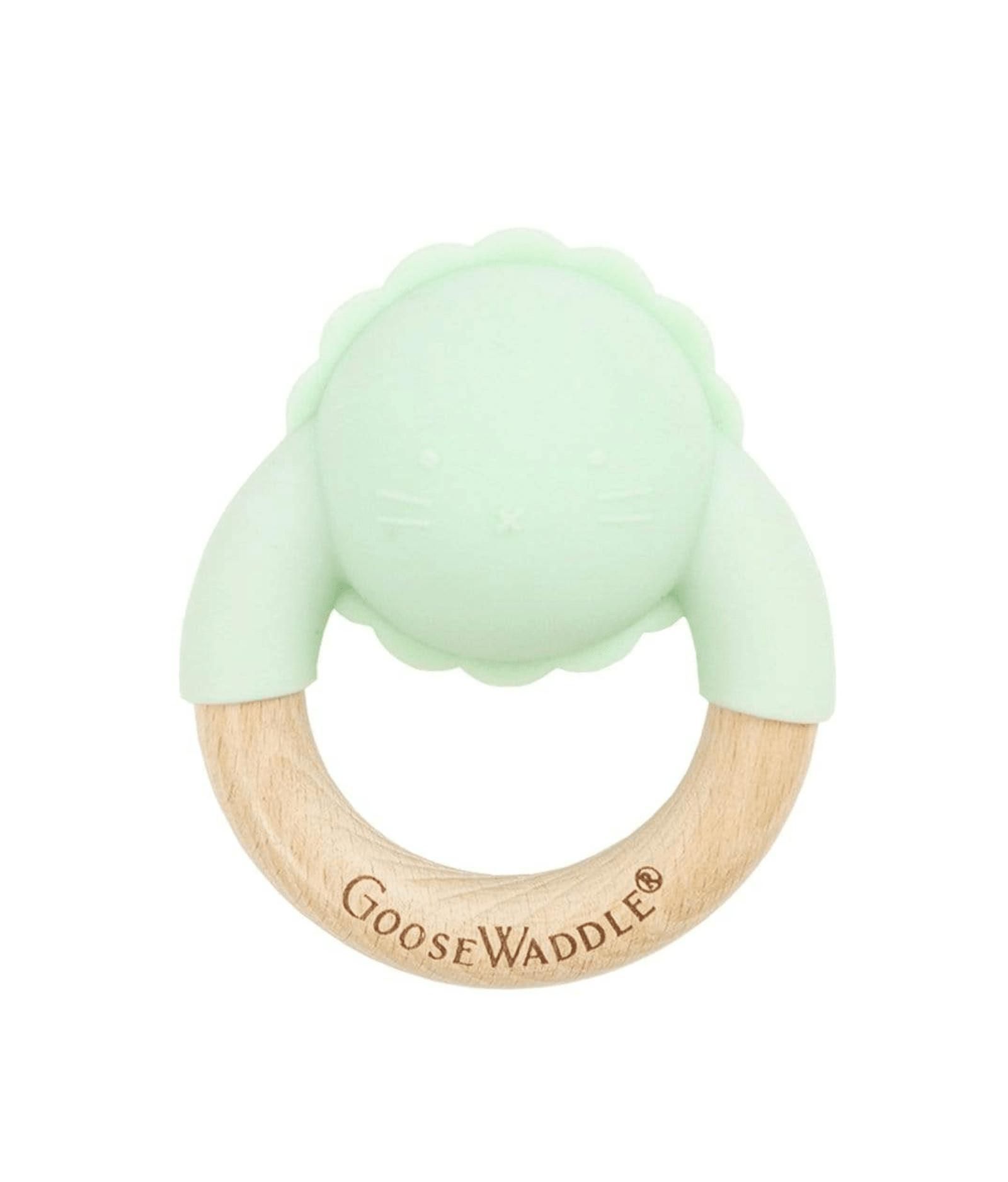 GooseWaddle Wooden & Silicone Rattle Teether Mint Lion