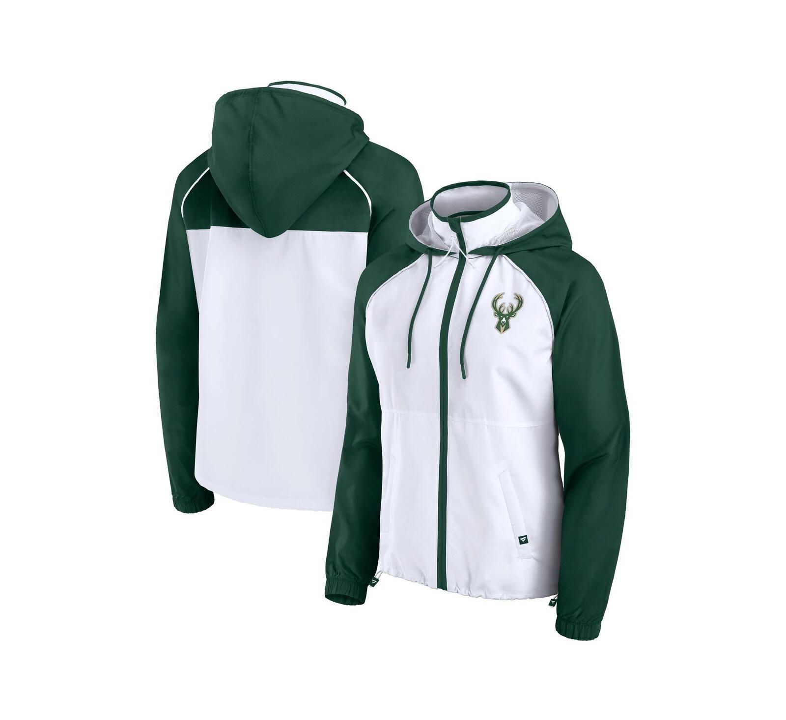 Fanatics Women's White/Hunter Green Milwaukee Bucks Anorak Raglan Full-Zip Hoodie Jacket