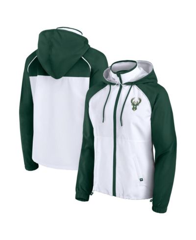 Женская толстовка-худи Fanatics White/Hunter Green Milwaukee Bucks Anorak Raglan Full-Zip