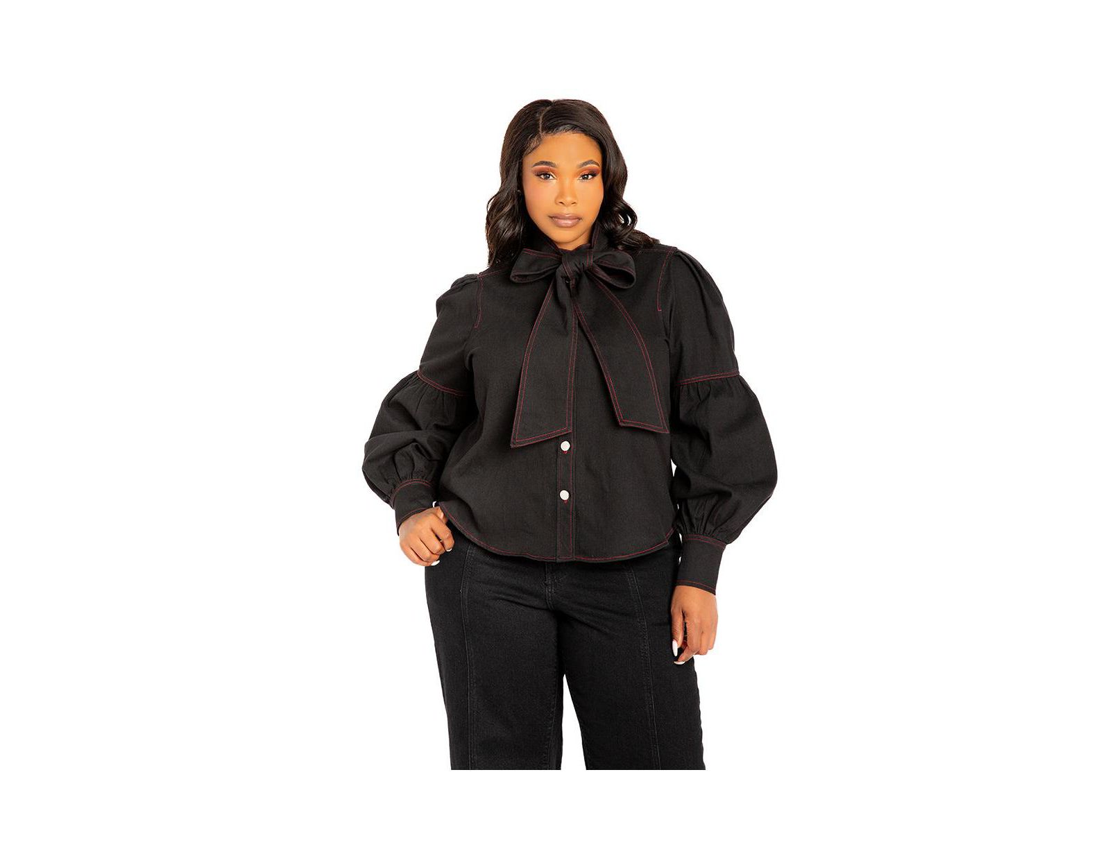 Buxom Couture Women's Plus Size Bow Neck Puff Sleeve Denim Blouse