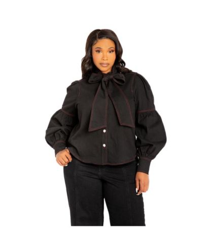 Женская джинсовая блузка Buxom Couture Plus Size с воротником-бантом и пышными рукавами