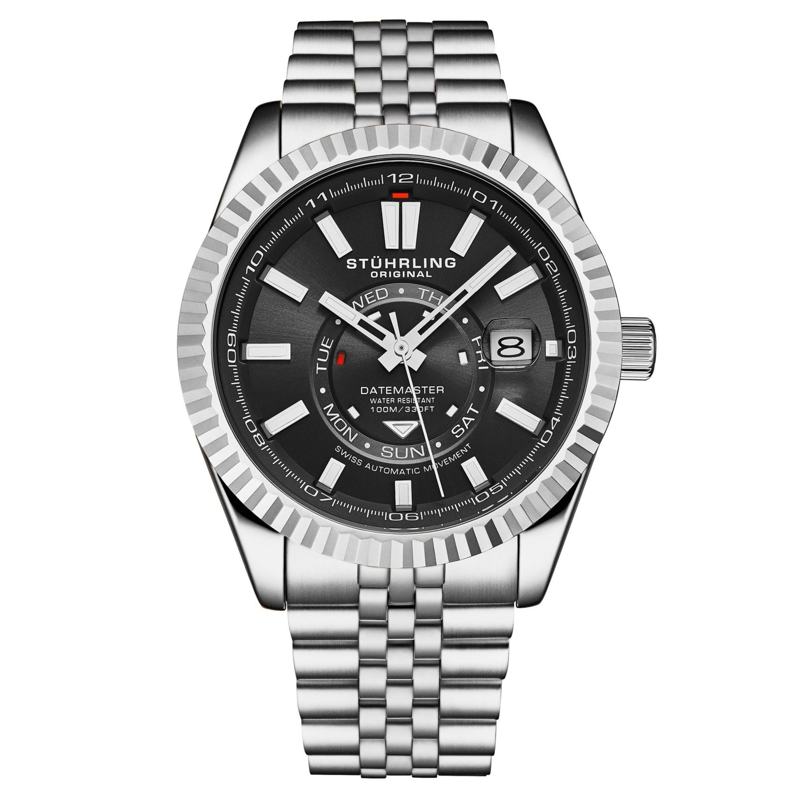 Stuhrling Datemaster II Men s Swiss Automatic 42mm Stainless Steel Watch, Black Dial, Fluted Bezel, Day & Date, 100M Water Resistant