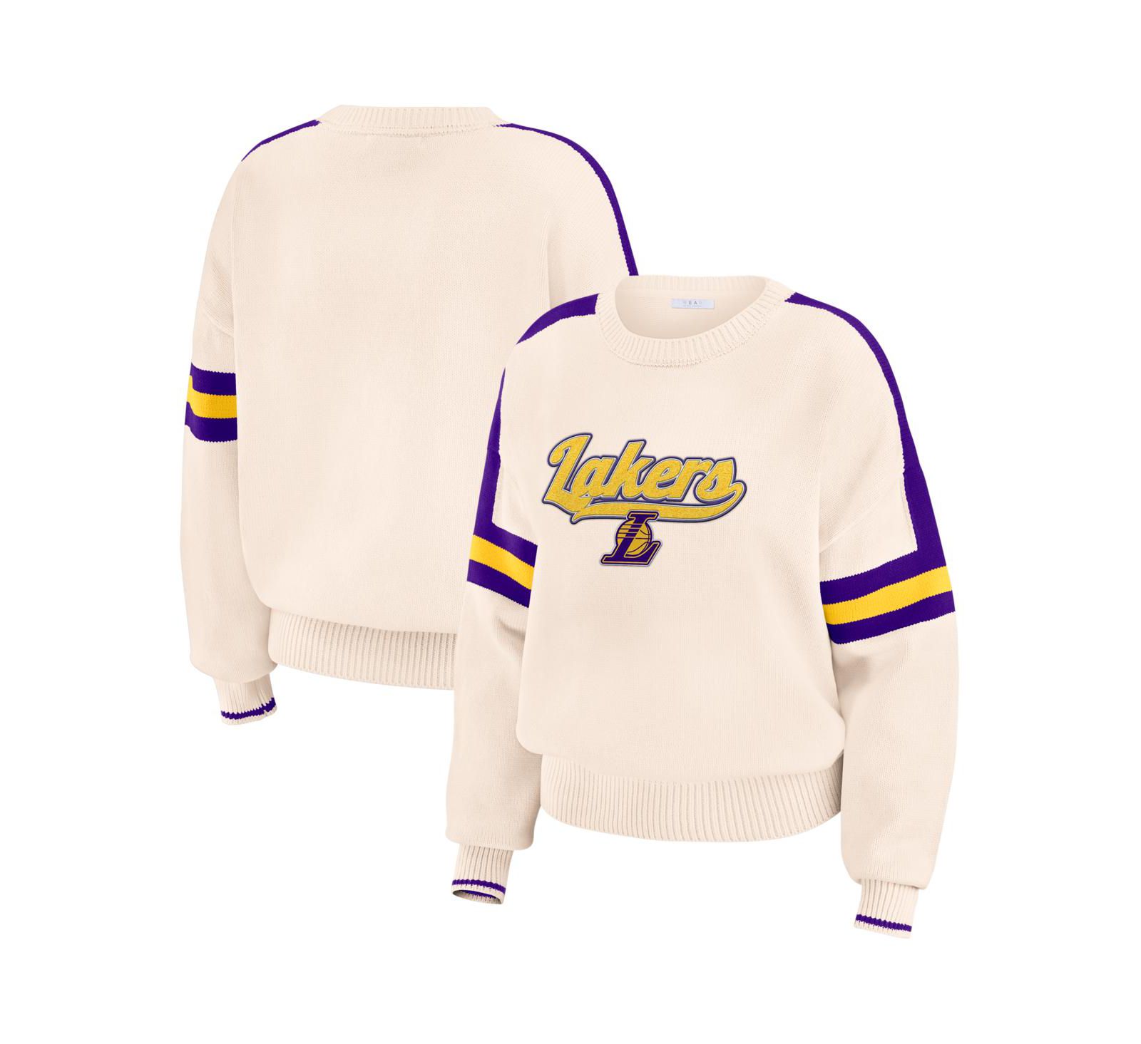 WEAR by Erin Andrews Women's Cream Los Angeles Lakers Stripe Pullover Sweater