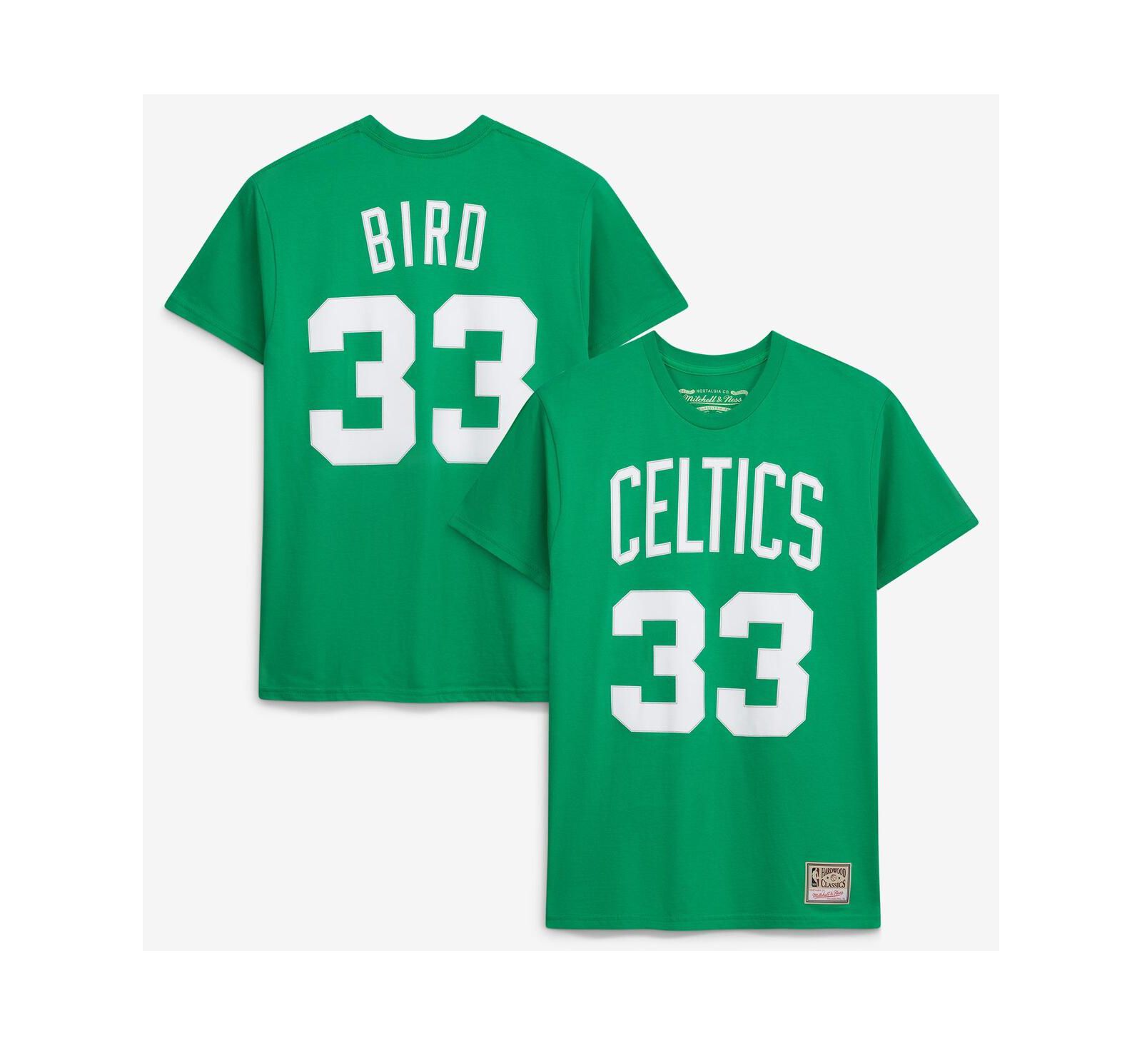 Mitchell & Ness Men's and Women's Larry Bird Kelly Green Boston Celtics Hardwood Classics Name & Number T-Shirt