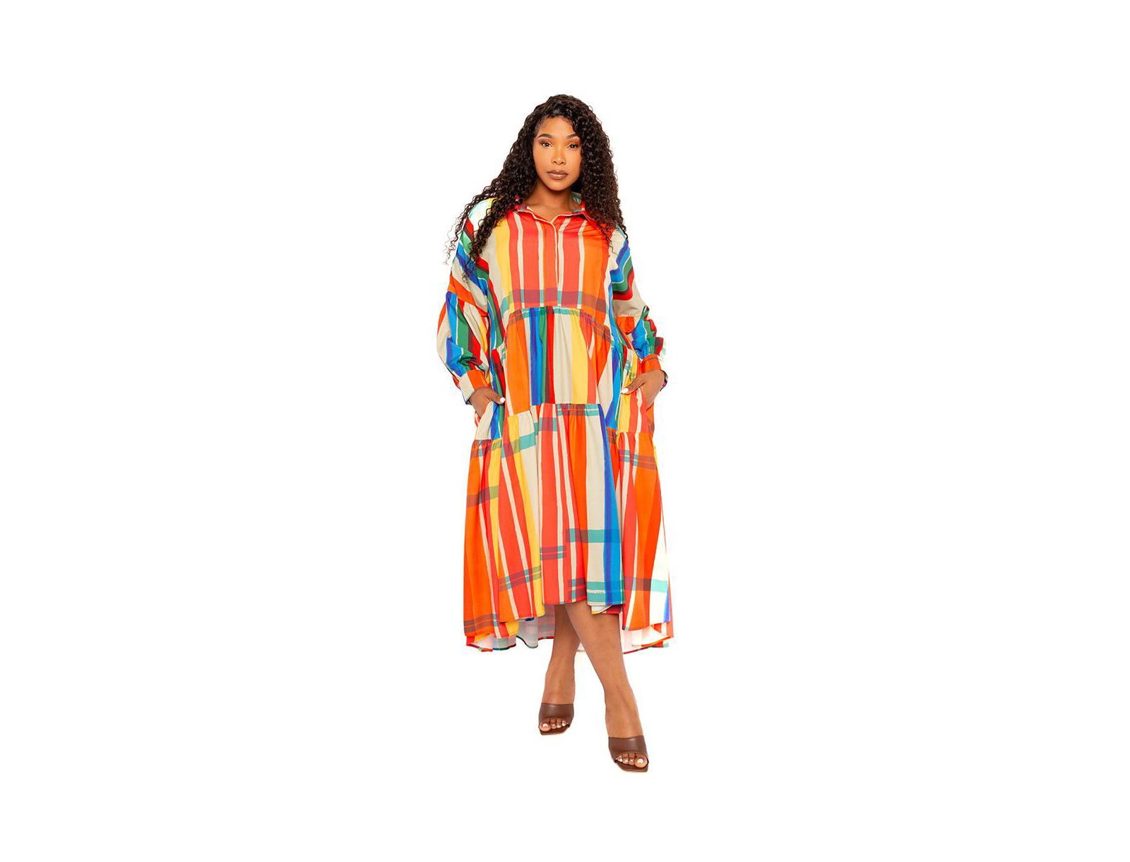 Женское платье Buxom Couture Plus Size Plaid Puff Sleeve Tiered Shirt Dress