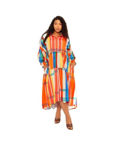 Женское платье Buxom Couture Plus Size Plaid Puff Sleeve Tiered Shirt Dress