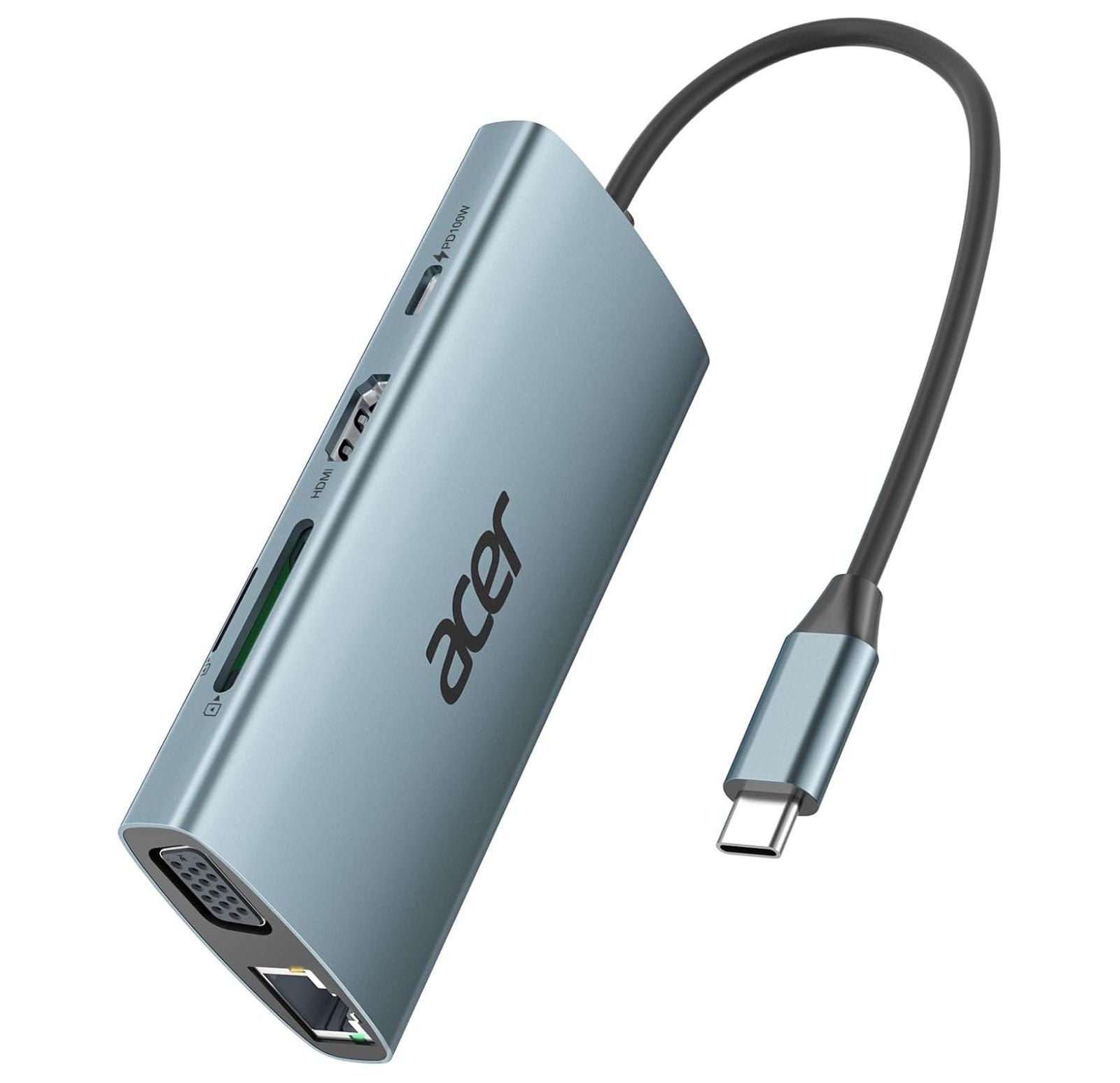 acer USB C хаб с 4k HDMI, адаптер 9-в-1 USB C в Ethernet, док-станция USB-A 3.0 5Gbps, зарядка PD 100W, картридер SD, разветвитель USB на VGA для MacBook, ноутбуков, Surface и др.