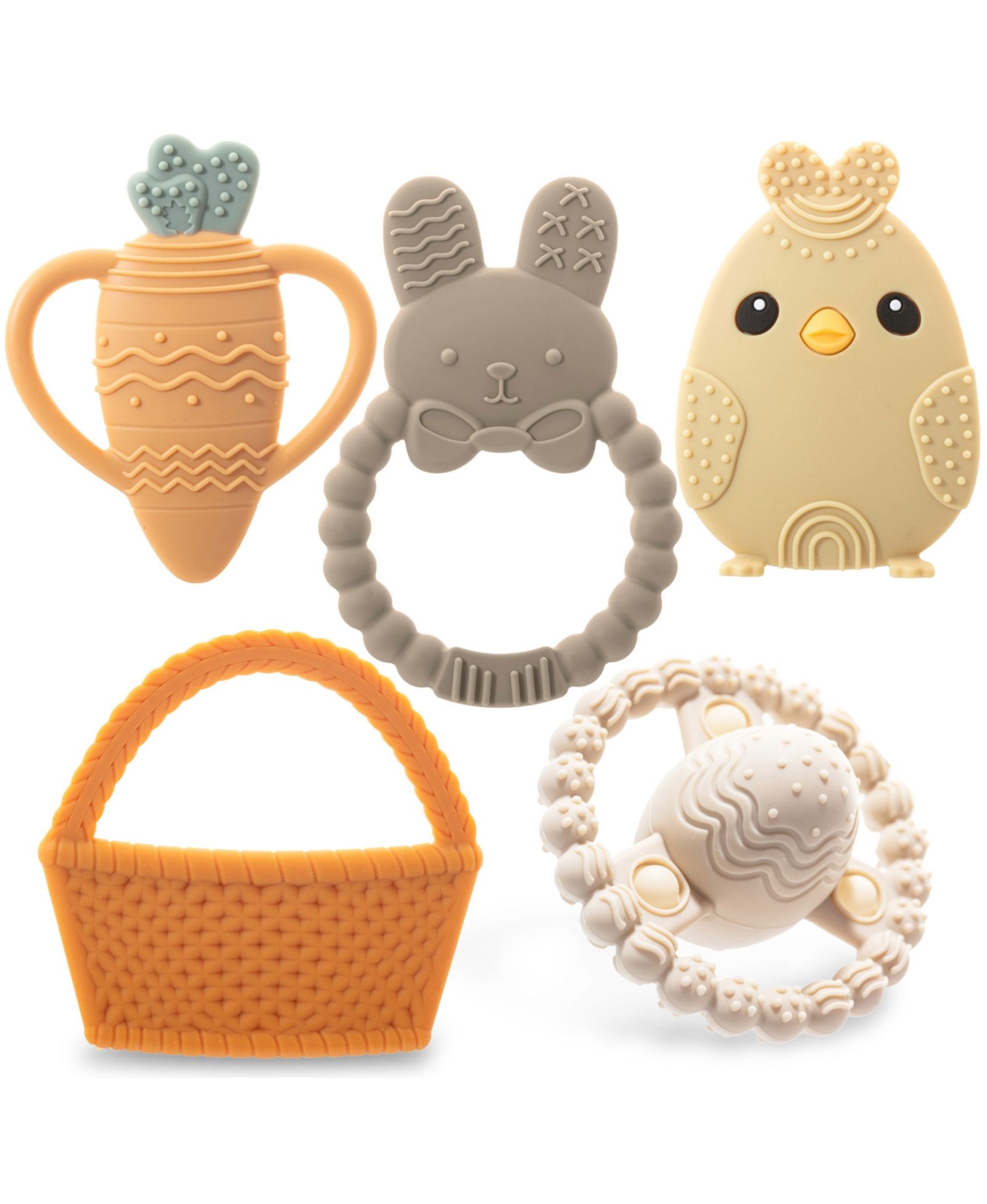 Sperric Toddler Easter Teether Set, Easter Bunny, Carrot, Chicken, Rattle Egg & Easter Basket Teething Toys Cute Easter Teethers Toys Gift Set