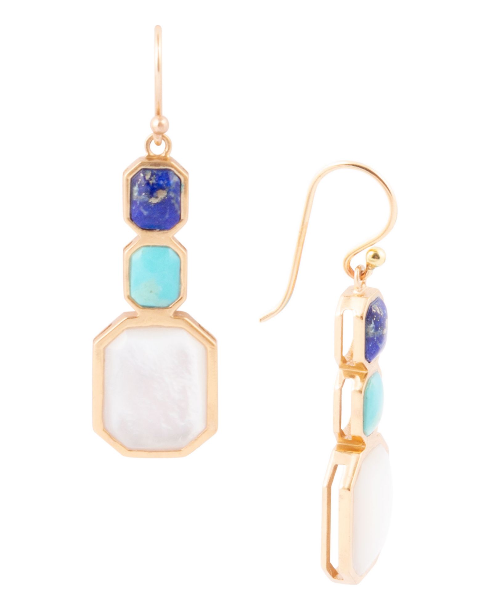Серьги Barse Dual Color Blue Lapis Turquoise and Mother of Pearl Golden Octagon Drop