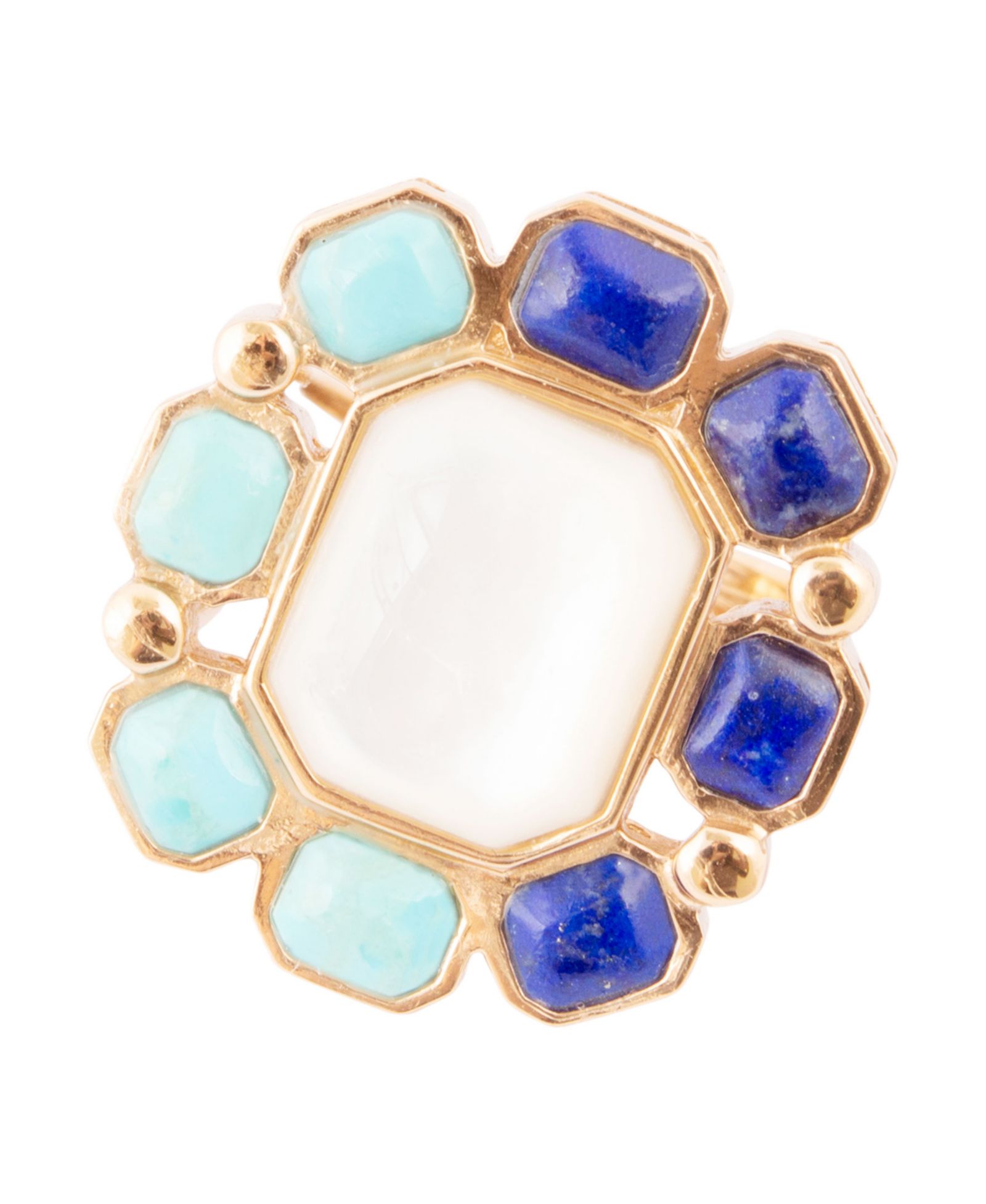 Barse Dual Color Blue Lapis Turquoise and White Mother of Pearl Golden Octagon Ring