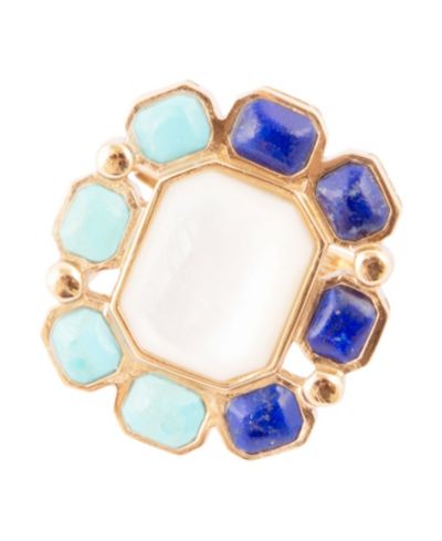 Barse Dual Color Blue Lapis Turquoise and White Mother of Pearl Golden Octagon Ring