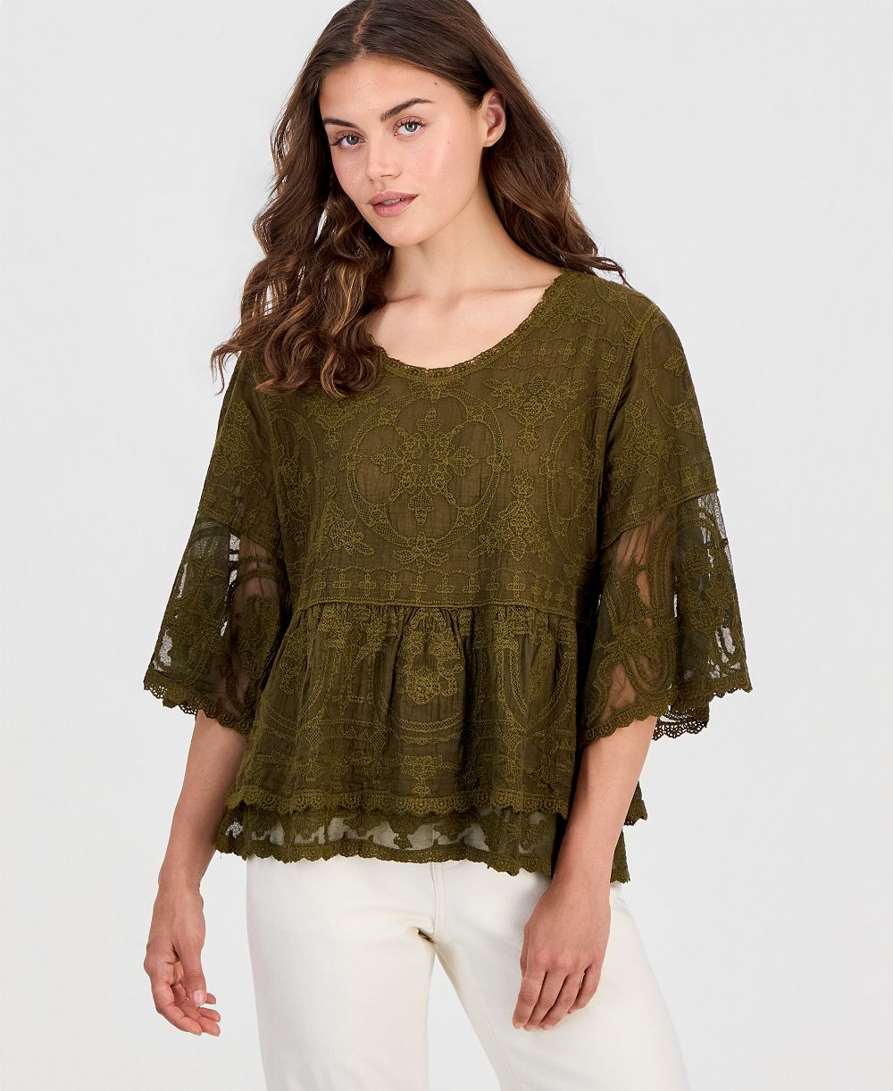Democracy Petite 3-4 Bell Sleeve Lace Peplum Top