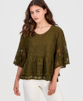 Democracy Petite 3-4 Bell Sleeve Lace Peplum Top