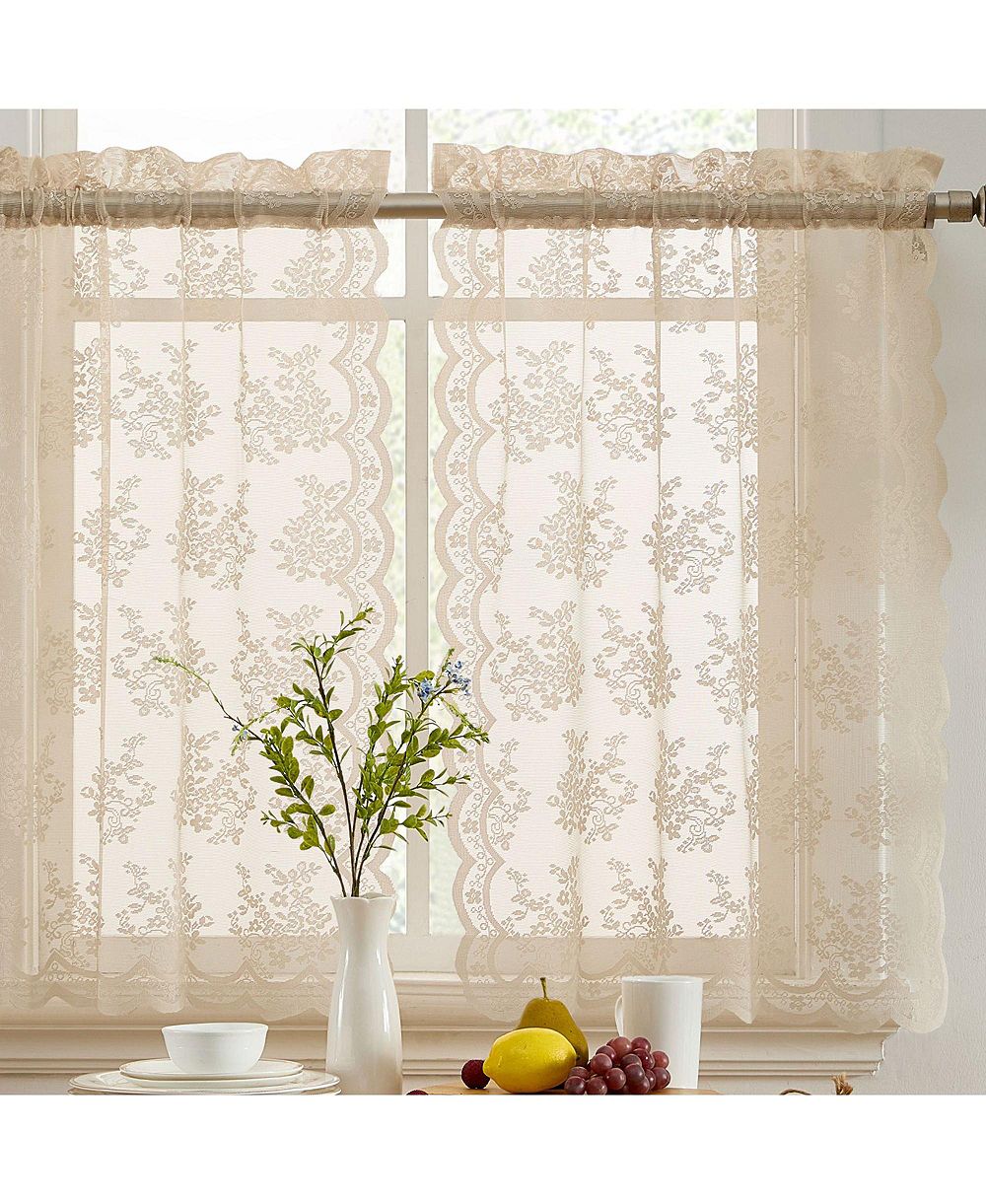 HLC.me Jolene Floral Rod Pocket Lace Semi Sheer Voile Short Cafe Tiers for Small Windows - 28 x 36 Inch Length (Taupe Tiers, Set of 2)