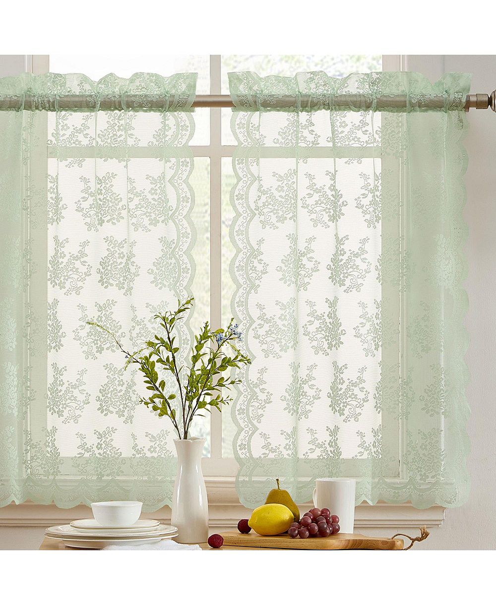 HLC.ME Jolene Floral Rod Pocket Lace Semi Sheer Voile Short Cafe Tiers for Small Windows - 28 x 36 Inch Length (Seafoam Green Tiers, Set of 2)