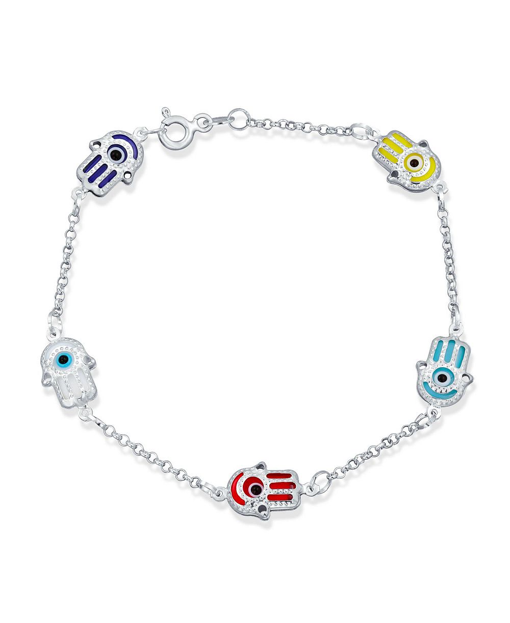 Bling Jewelry Multi Color Hamsa Hand Evil Eye Charm Link Bracelet .925 Sterling Silver