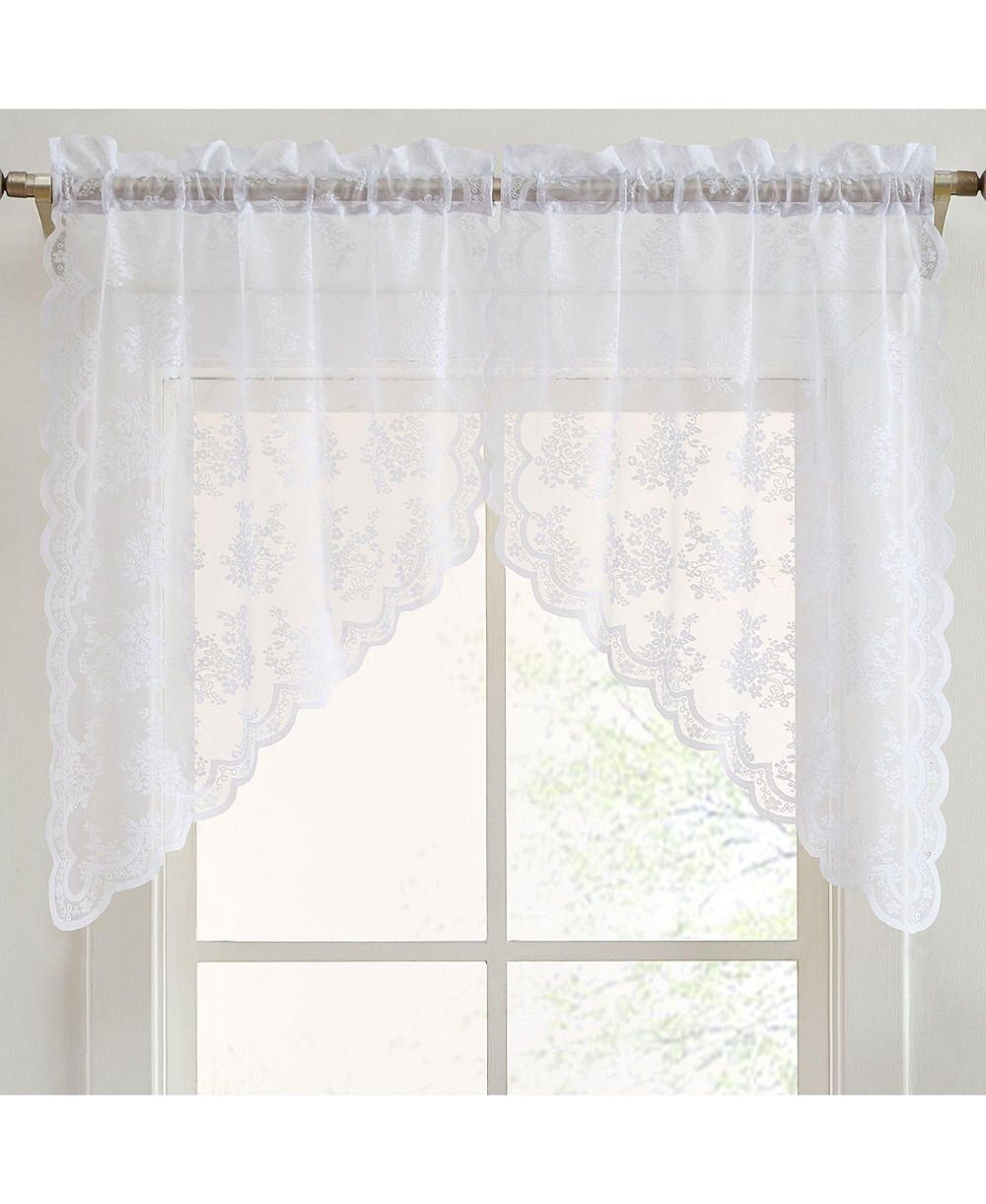 HLC.ME Jolene Floral Rod Pocket Lace Short Cafe Swags for Small Windows - 28 x 36 Inch Length (White Swags, Set of 2)