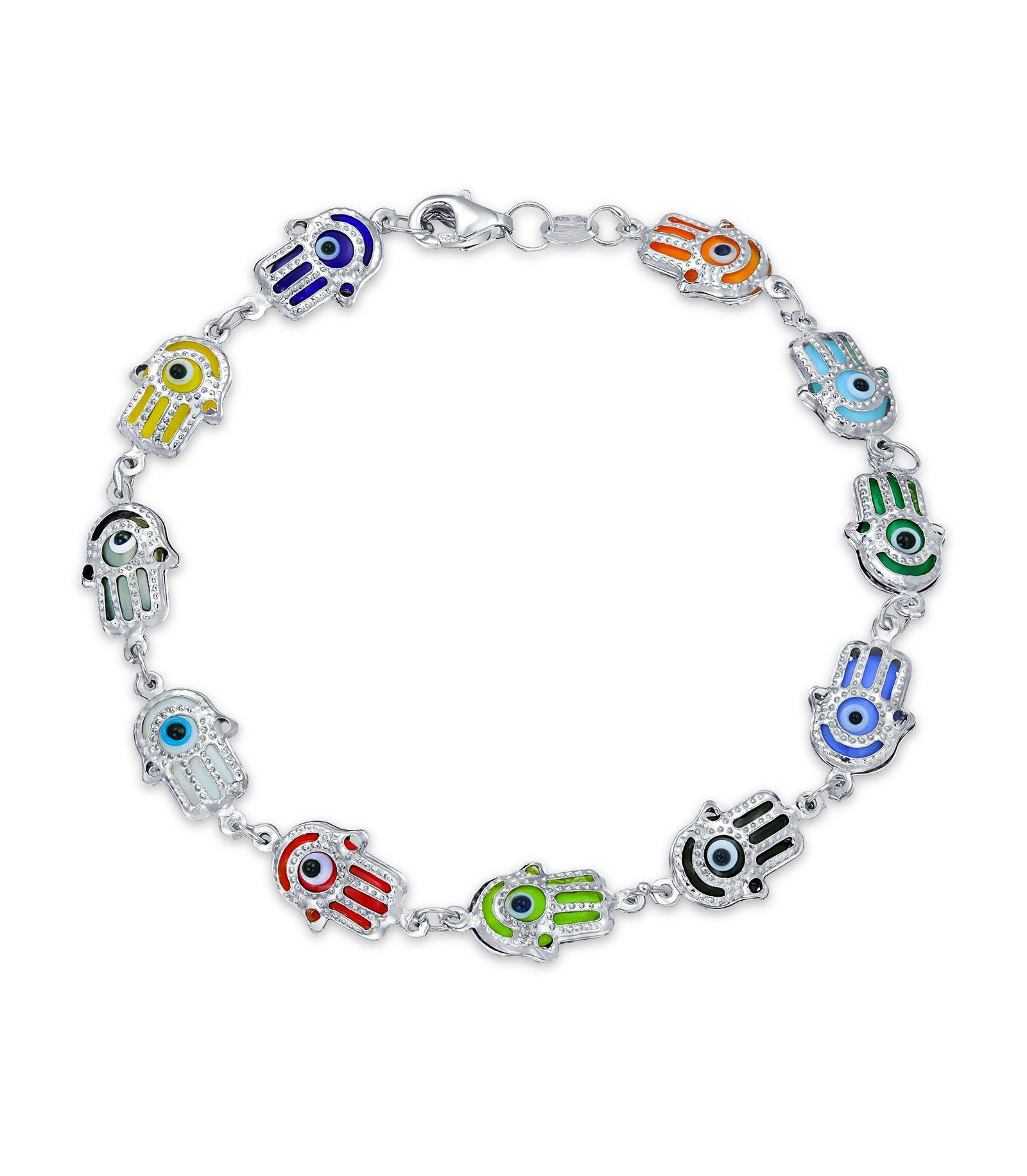 Bling Jewelry Multi Color Hamsa Hand and Evil Eye Charm Bracelet .925 Sterling Silver