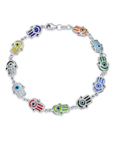 Bling Jewelry Multi Color Hamsa Hand and Evil Eye Charm Bracelet .925 Sterling Silver