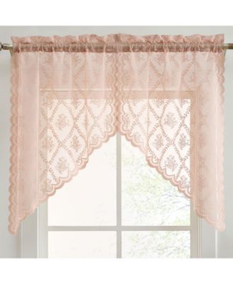 HLC.ME Isabella Floral Rod Pocket Lace Short Cafe Swags for Small Windows - 28 x 36 Inch Length (Blush Pink Swags, Set of 2)